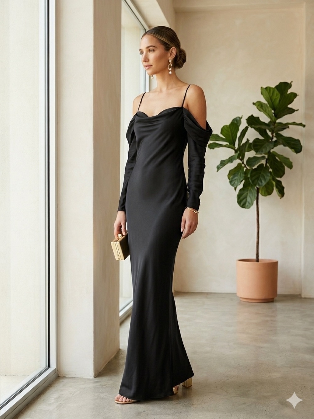 L'Agence "Juniper" Black Cold Shoulder Satin Maxi Dress Gown - US 0 / XS